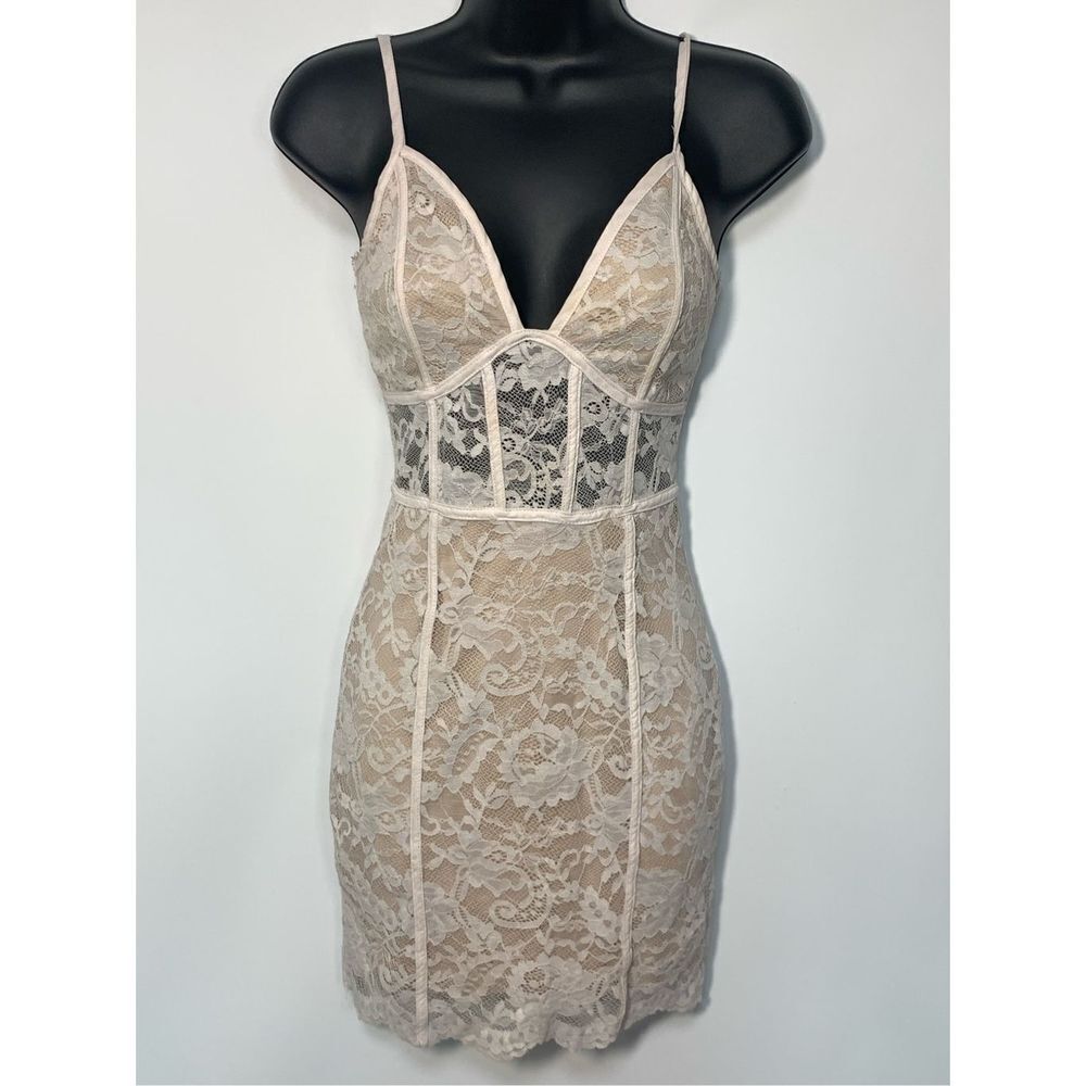 Windsor Women's Glamour Lace Sleeveless Mini Bodycon Dress Beige Size XS